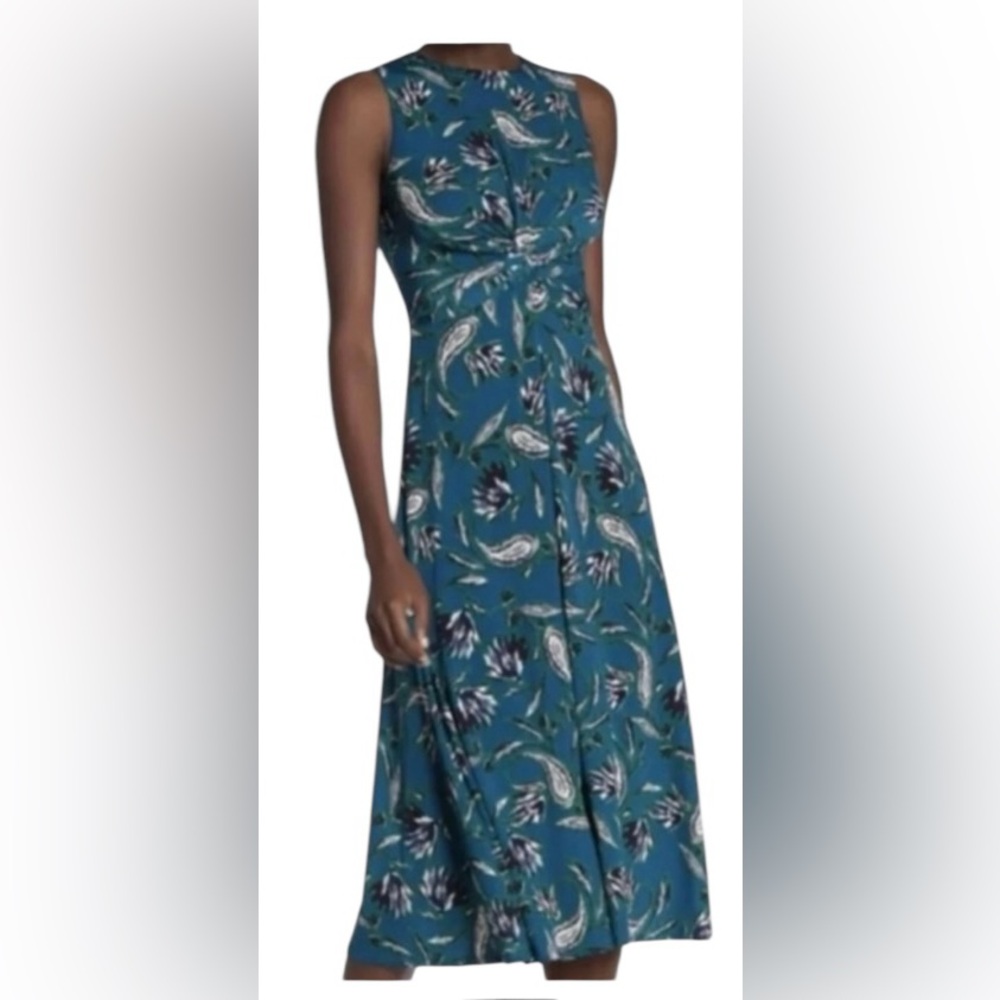 NWT Vince Camuto 4 sleeveless multicolored paisley twist front blue midi dress